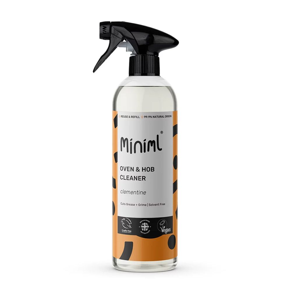 A clear spray bottle of Miniml Oven &amp; Hob Cleaner with a black trigger nozzle