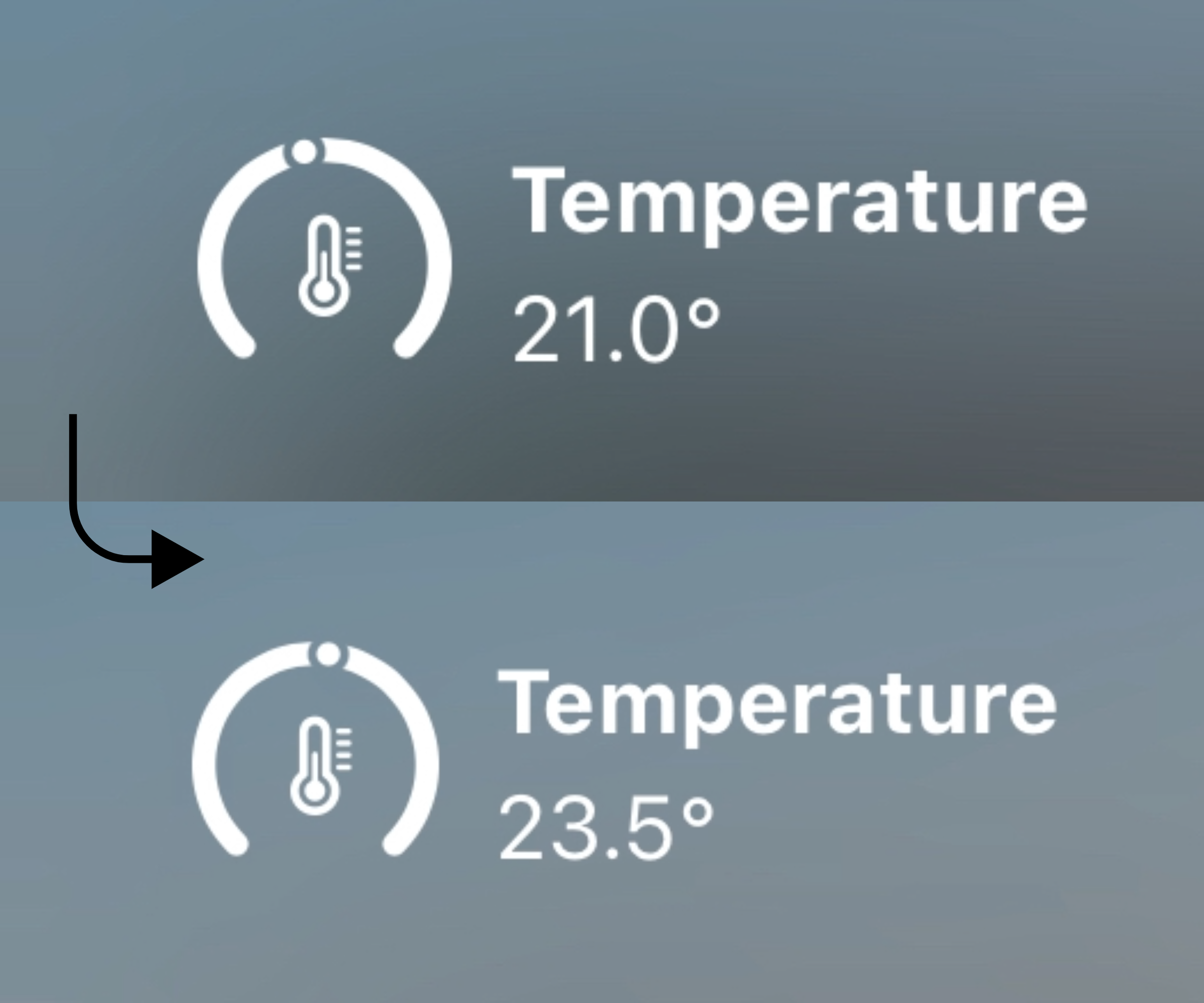 Screenshot of the 21 degree and 23.5 degree temperature difference on Megan's homepod app
