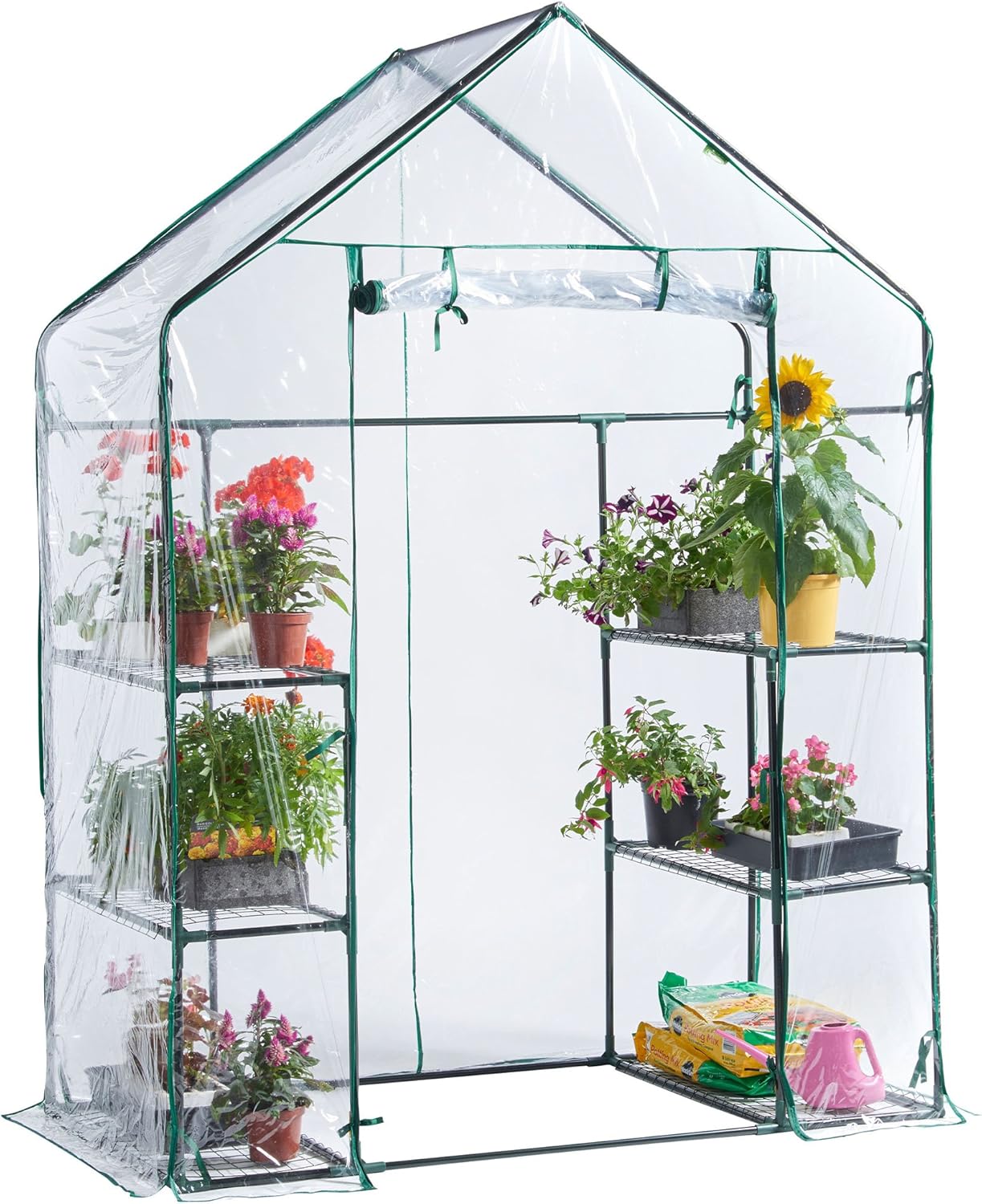 Vonhaus Walk in Greenhouse &ndash; Compact Green House With 6 Shelves and Weatherproof Pvc Plastic Cover &ndash; Plant House for Garden and Outdoor &ndash; Roll Up Zip Panel Door &ndash; Easy No Tool Assembly