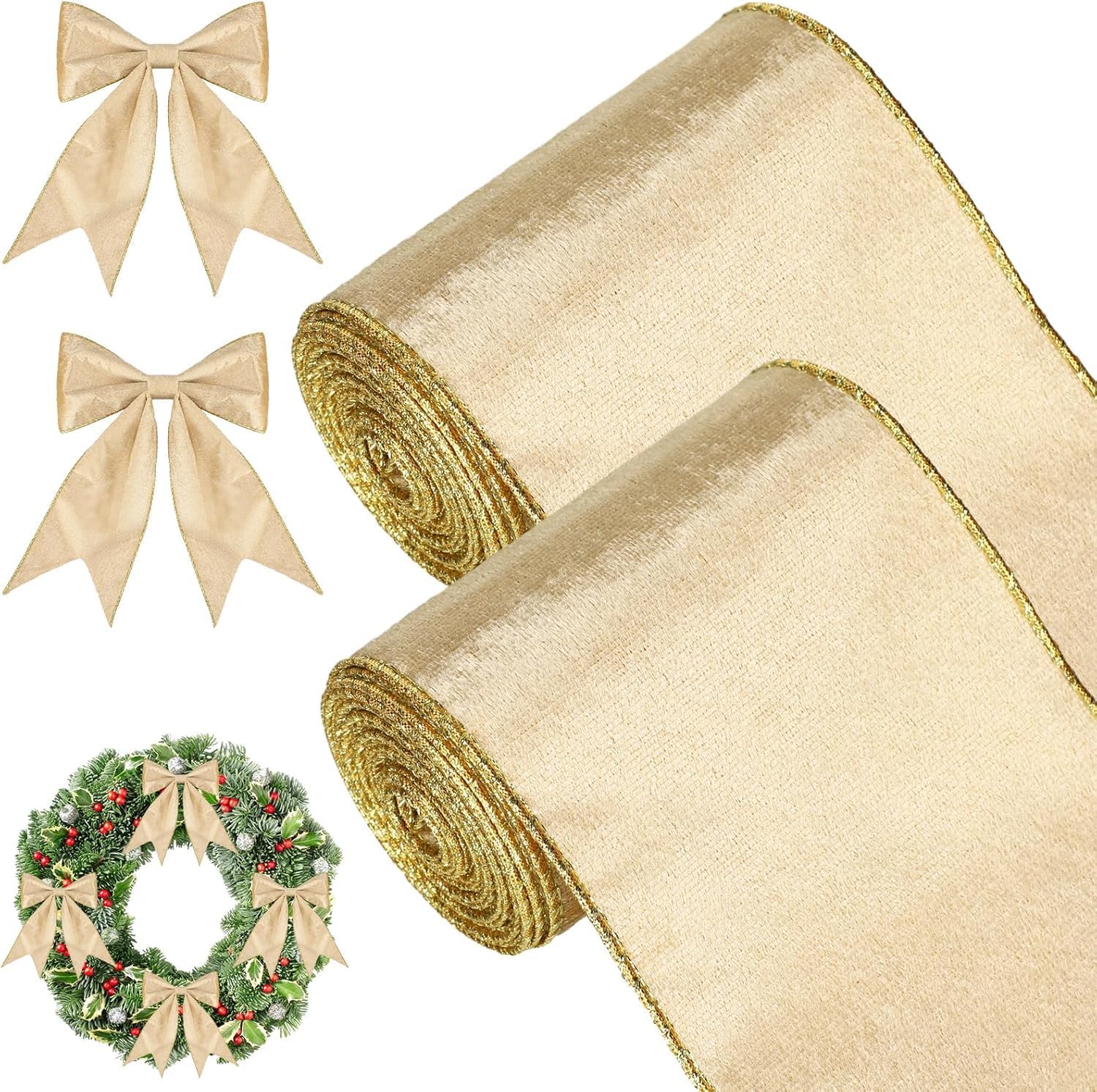 Kaheign 2 Rolls Christmas Velvet Ribbon, 11m X 10cm Width Wired Waterproof Wrapping Velvet Ribbon With Gold Edge for Xmas Gift Wrapping Xmas Tree Diy Wreath Christmas Bow Decoration (gold)