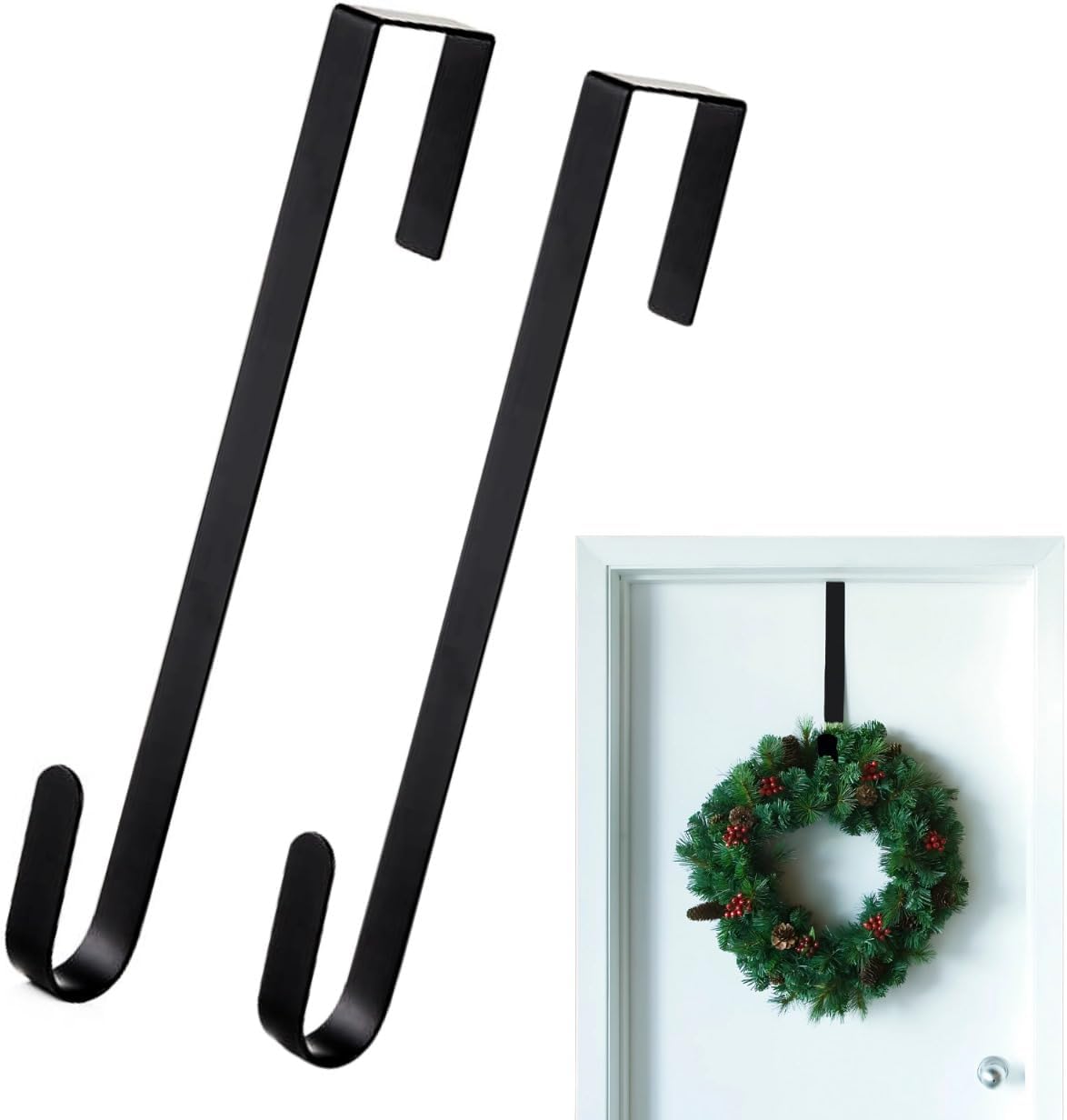 Caliko Wreath Hanger for Front Door 12.5" X 2.5cm Wide Pk2&ndash; Black Metal Door Wreath Hanger, Elegant &amp; Sturdy Design Wreath Hook for Front Door, Wreath Door Hanger for Christmas &amp; Wedding Party