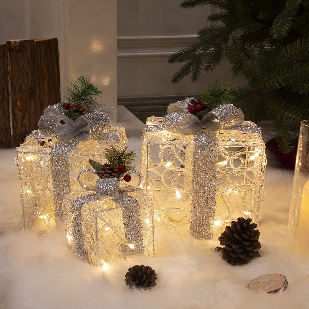 Eambrite 3pk Light Up Present Boxes Silver Gift Boxes With Warm White Lights Plug in for Christmas Decorations Home and Outdoor D&eacute;cor