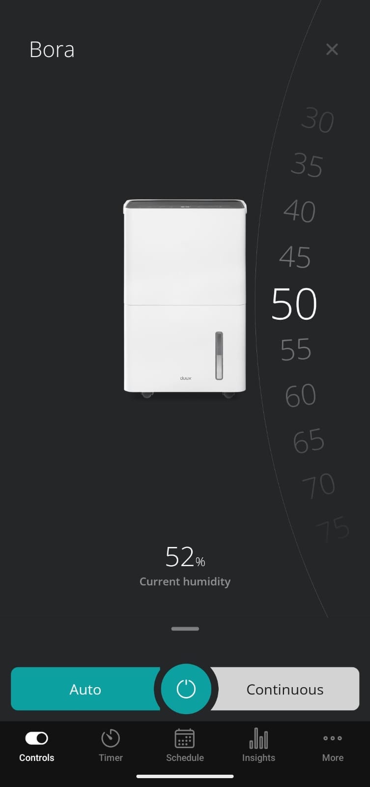 The Duux dehumidifier app showing the humidity in a room