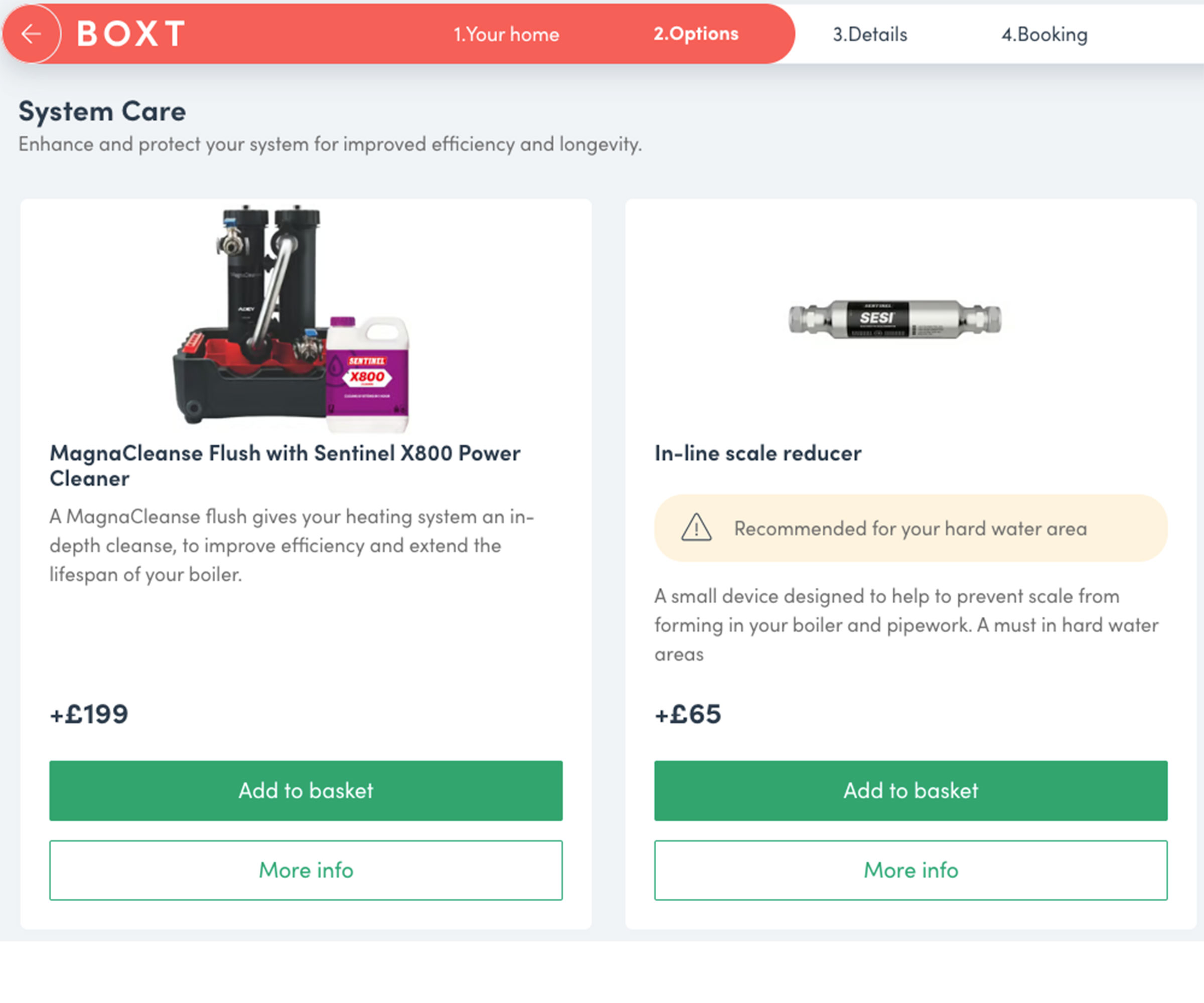 boiler installation order website showing optional extras that can be aded to an order