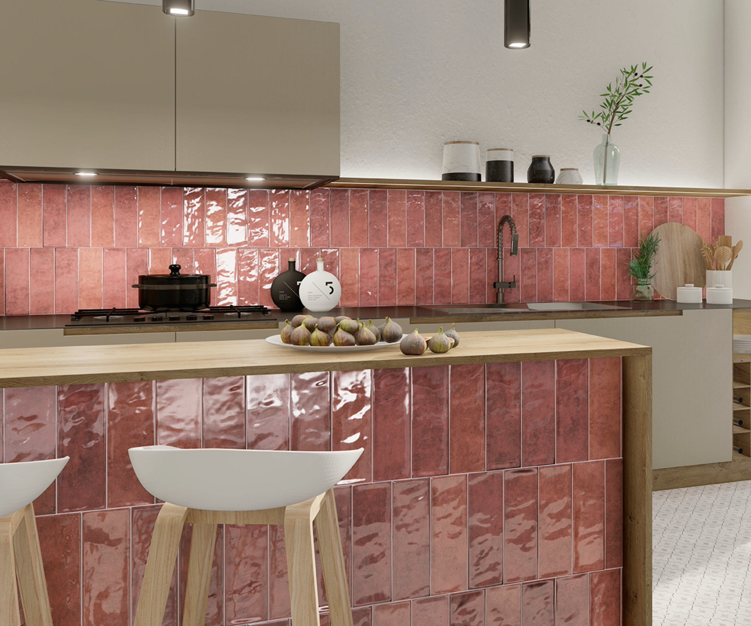 Pink kitchen with Tile of Spain Cinqueterre Carmine tile by Mainzu Cer&aacute;mica