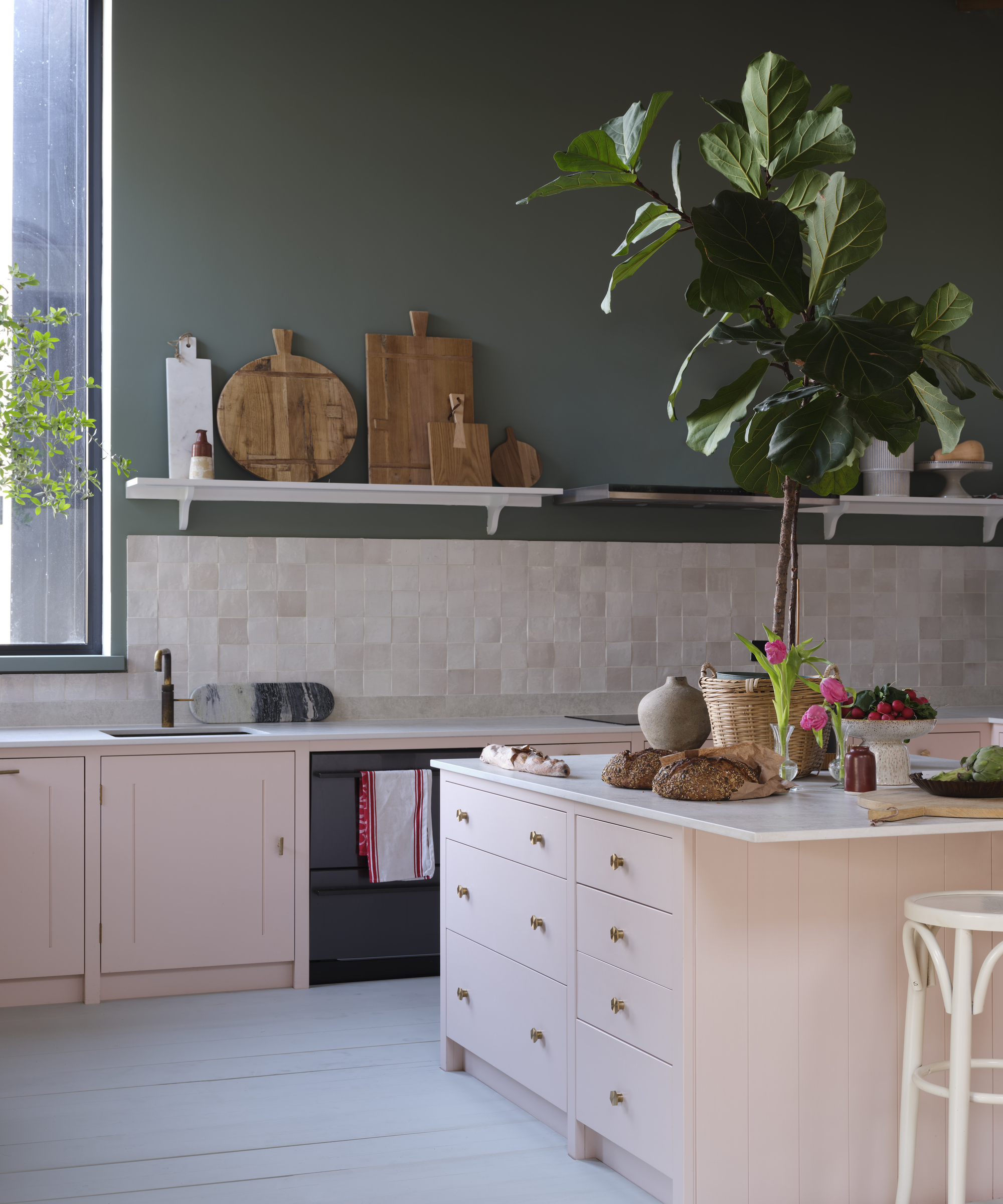 Kitchen with pink cabinets, green walls, and a plant on the island