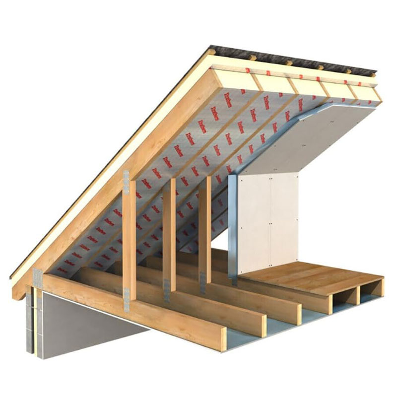 Cross section of roof spaces with insulation in roof rafters, insulated plasterboard walls and wooden floor