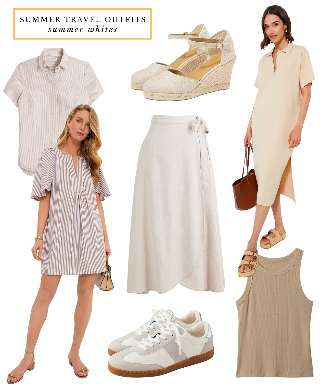 summer travel outfits linen neutral dresses and sandals
