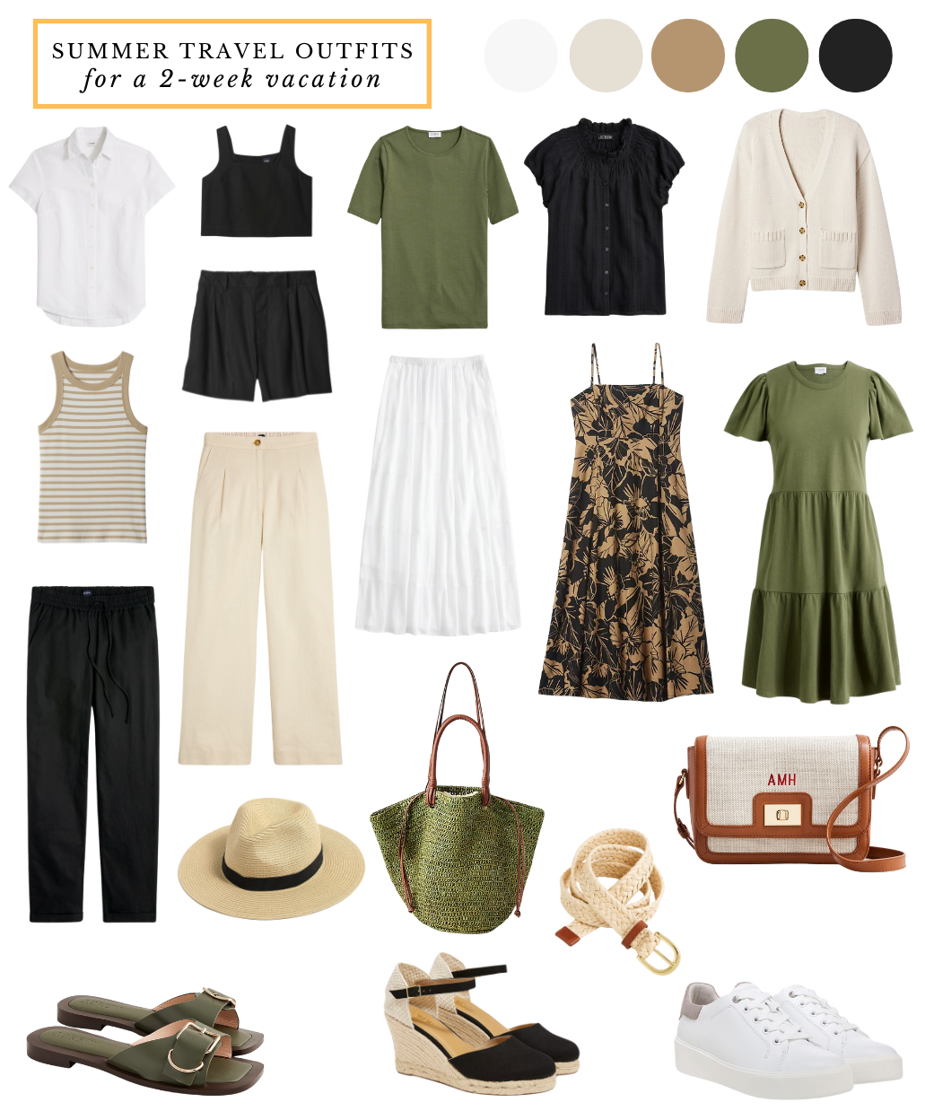 summer travel outfits with capsule wardrobe of green, white, black, and cream clothing
