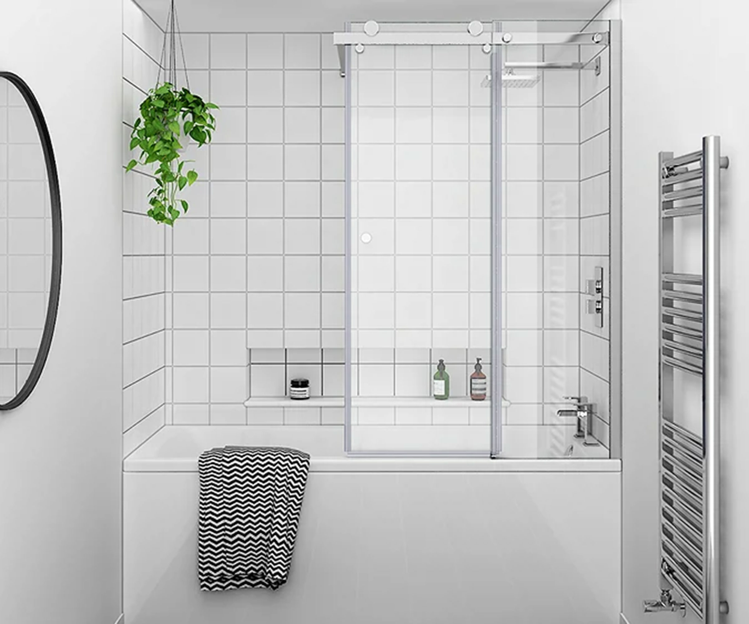 sliding bath screen in white bathroom