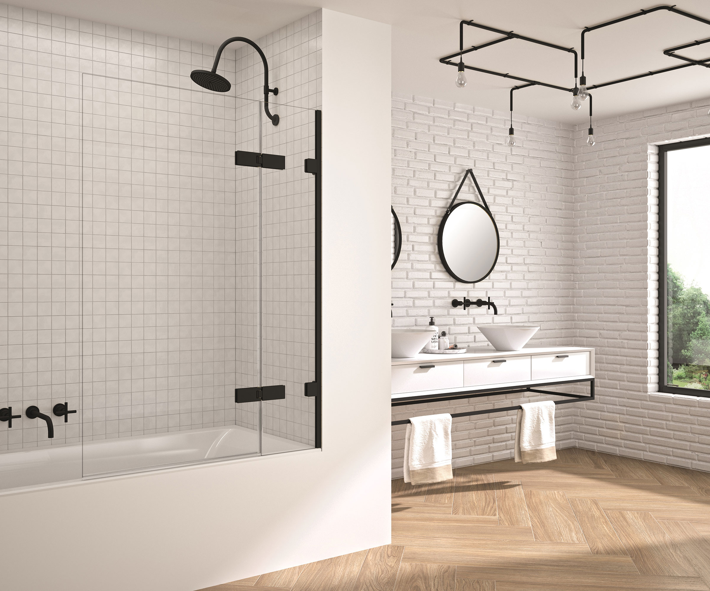 modern white bathroom with herringbone wooden flooring
