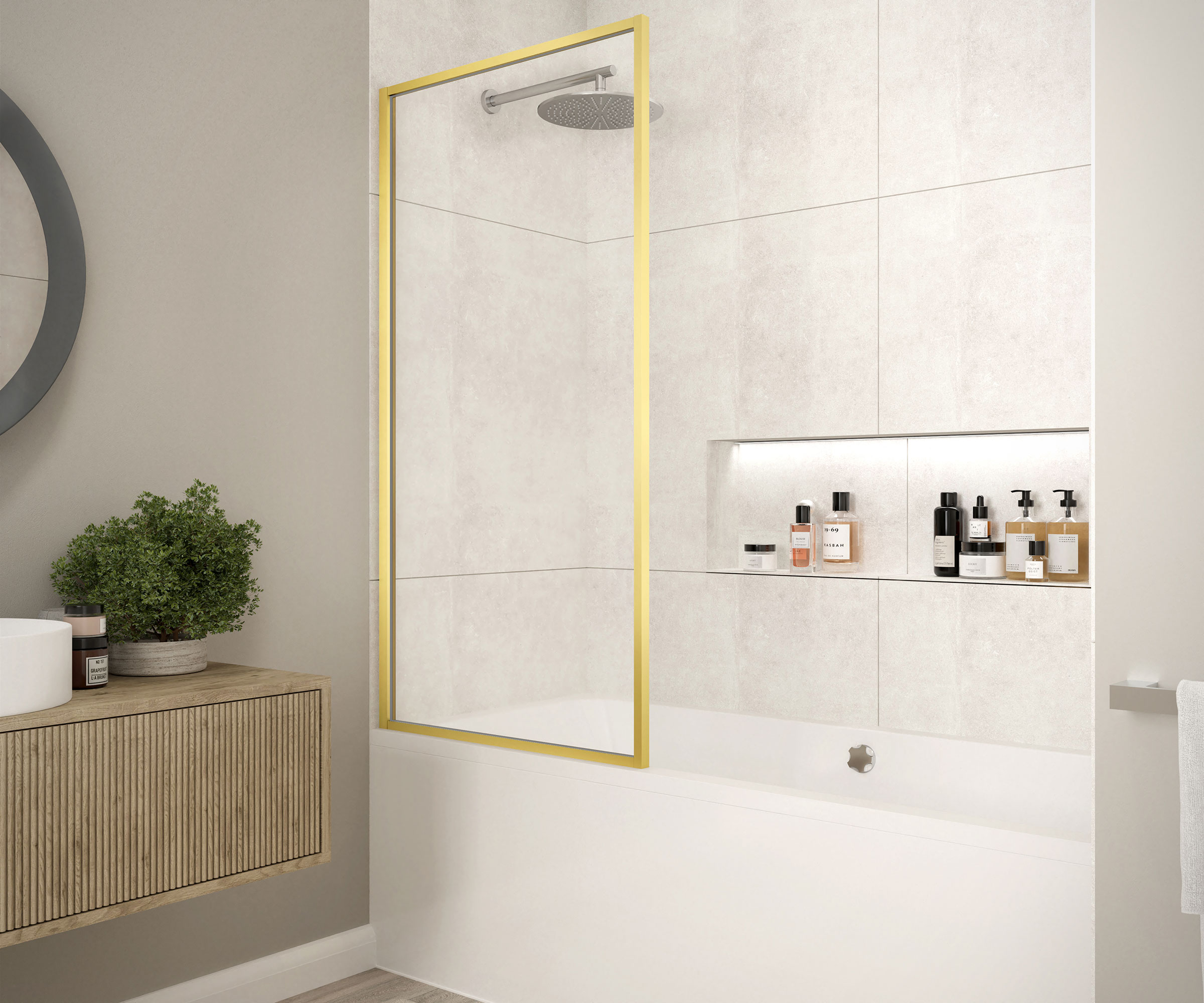 brass framed fixed shower screen