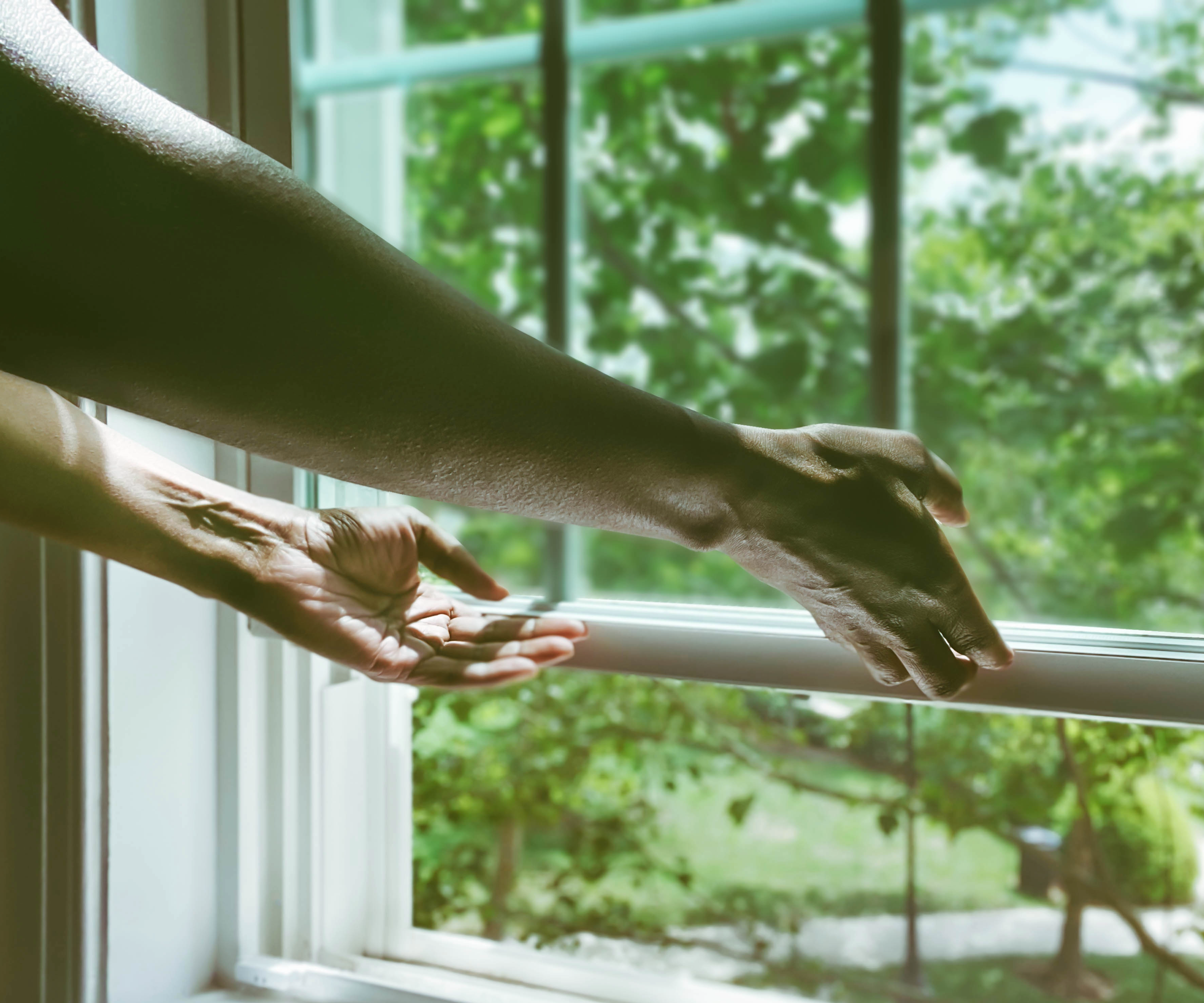 Hands opening a window which overlooks trees