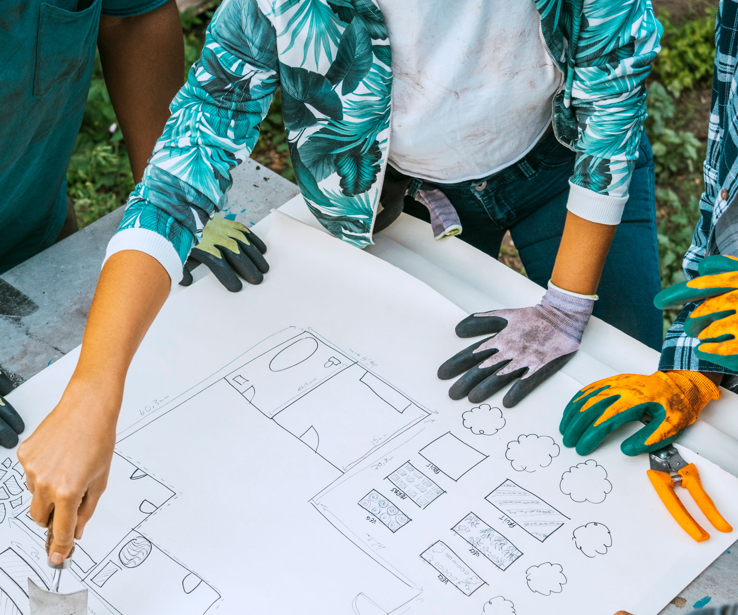 several people creating a vegetable garden plan