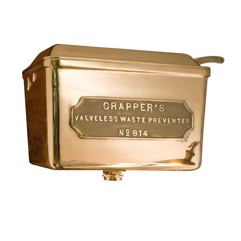 A polished brass cistern with engraved detailing, showcasing a traditional valveless design inspired by classic British bathroom fittings.