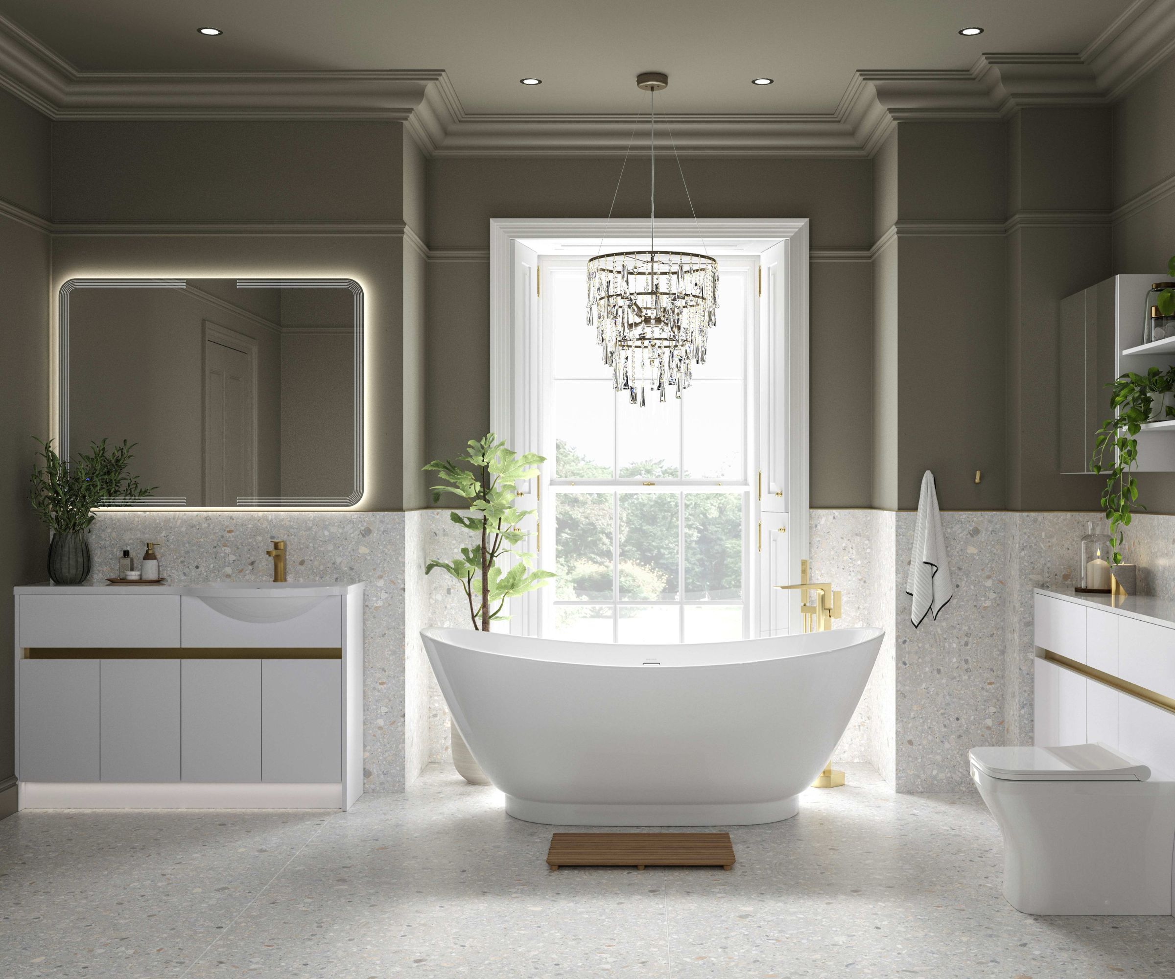 A classic-meets-contemporary bathroom with a freestanding bath, chandelier lighting, soft grey walls and terrazzo-style surfaces for refined luxury.
