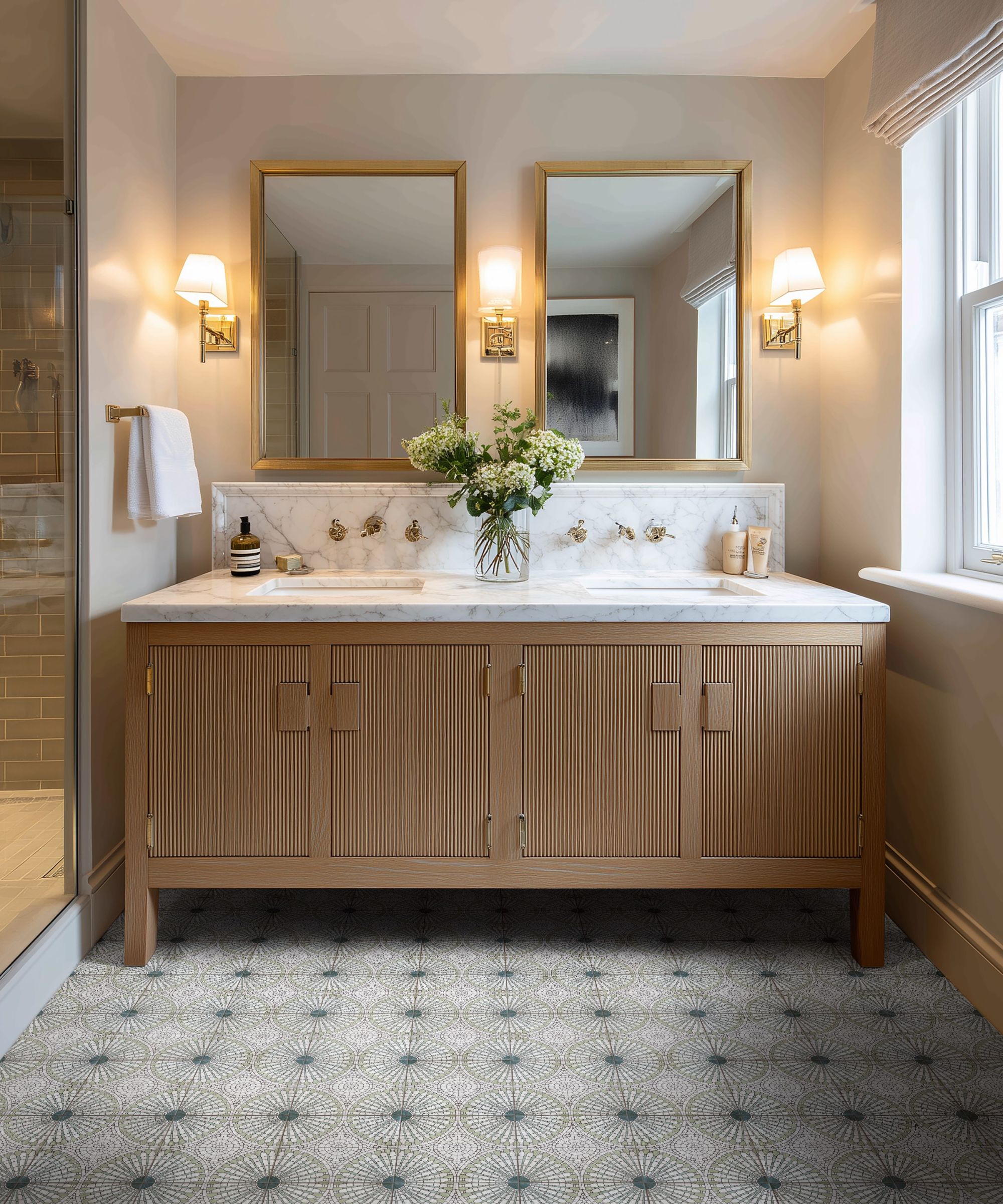 A refined double vanity with fluted wood cabinetry, marble countertop, brass wall taps and soft lighting for a calm, hotel-style bathroom feel.