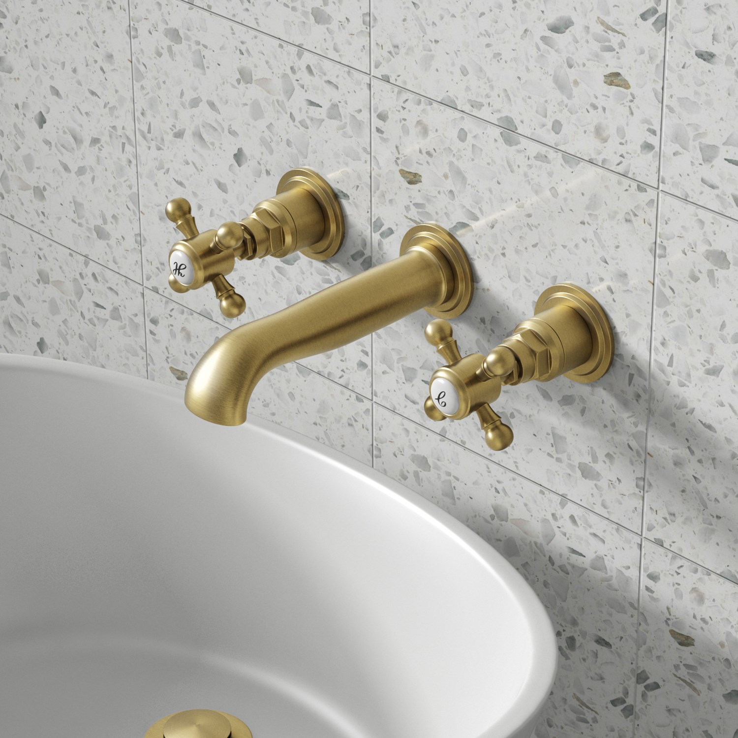 Butler &amp; Rose Beatrice Brushed Brass Wall Mounted Basin Mixer Tap
