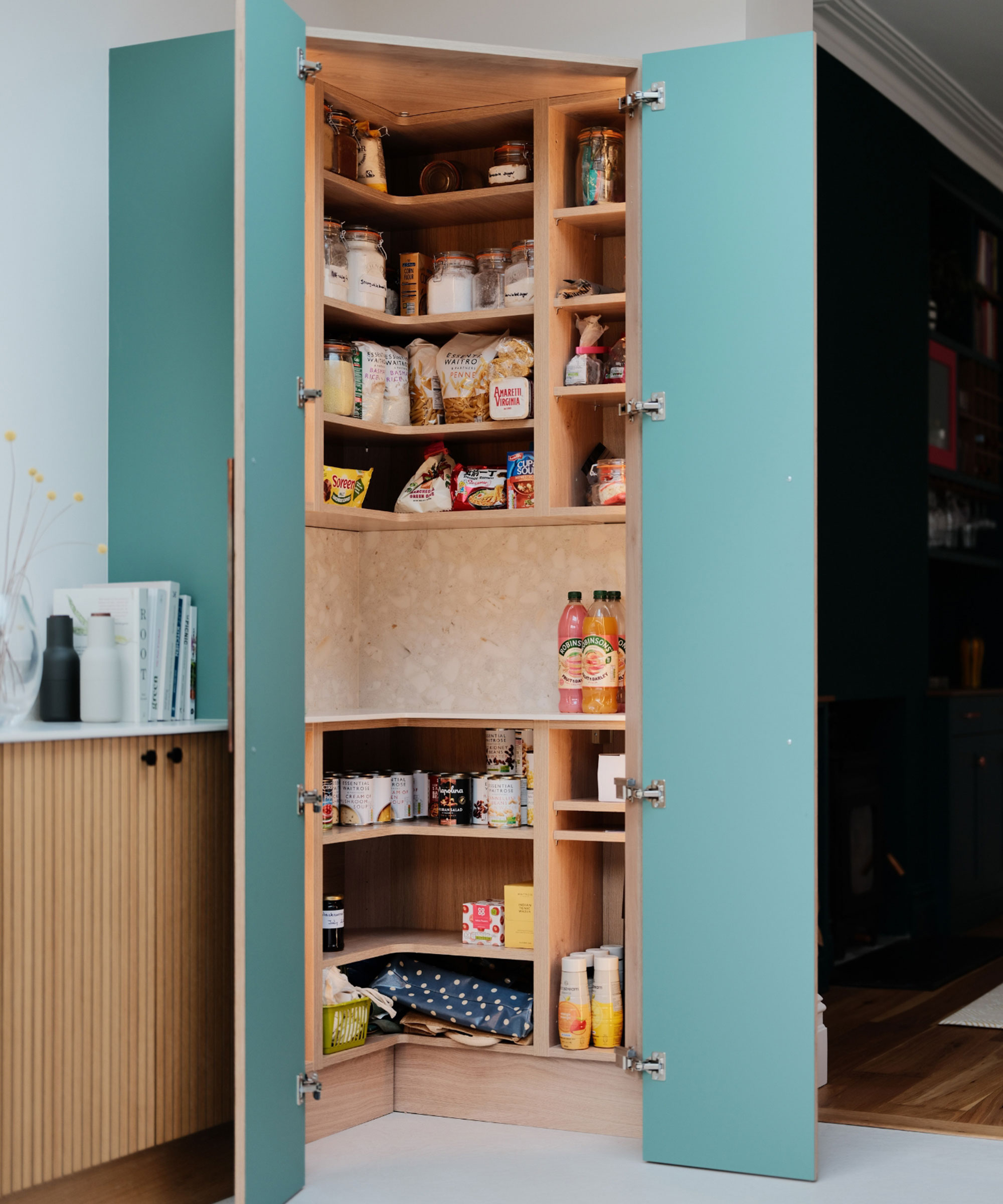 blue corner pantry unit