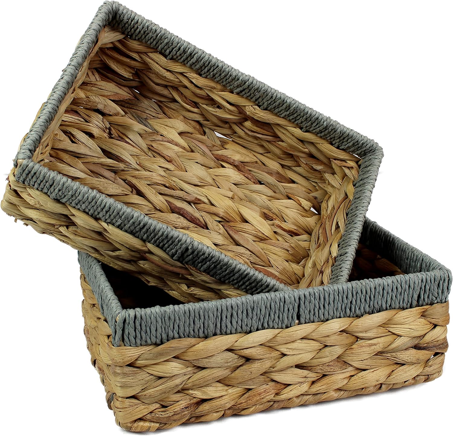 Rectangular Water Hyacinth Small Baskets for Storage Natural and Grey Wicker Basket Shelves Decorative Gift Box Small Bathroom Mini Tray Makeup Bathroom Kitchen Organiser (medium 28cm, 2x Baskets)