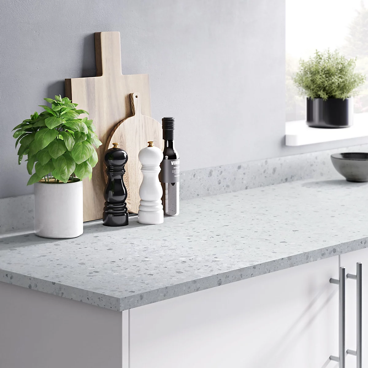 GoodHome 22mm Algiata Matt Grey Terrazzo effect Chipboard &amp; laminate Square edge Kitchen Worktop